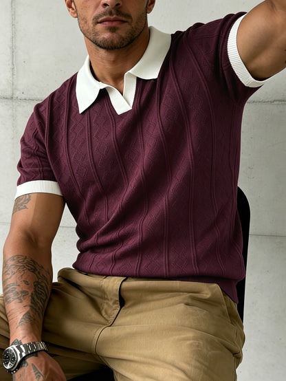 Men's Jacquard Knit Short Sleeve Polo with Contrast Collar