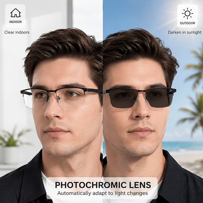 Unisex Semi-Rimless Photochromic Clear Lens Glasses, Stainless Steel