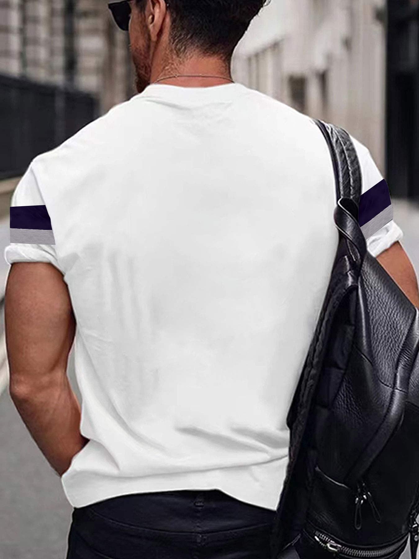 Men'S Casual Los Angeles Graphic T-Shirt - Short Sleeve, Round Neck, White with Purple  Gray Stripes, Comfortable Summer Tee for Casual Attire, Everyday Tshirt   Casual Style   Comfortable Fit
