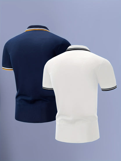 2 հատ տղամարդու կարճաթև վերնաշապիկներ կոնտրաստ օձիքներով - թեթև պոլիեսթեր, պաստել կապույտ և վարդագույն, շրջադարձային օձիքով, կոճակներով փակվող, սովորական, ամենօրյա և գործնական հագուստ, իդեալական ամառային կամ նվերների համար, կարճ թև վերնաշապիկներ