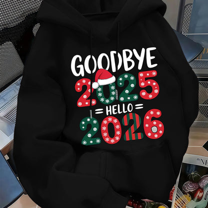 Men's 2025 New Year Red Hooded Sweatshirt - Christmas & New Year's Eve Party Sweater with Goodbye 2024/ 2025 Print, Snowflakes & Santa Hats, Machine Washable Winter Pullover for Holiday Celebrations