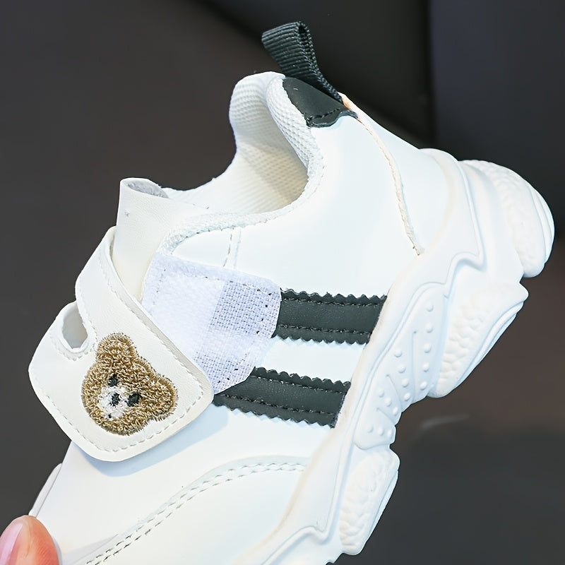 Girls' White Sneakers - Cute Cartoon Bear Design, Casual Low-Top Style with Hook-and-Loop Fastener, Comfortable Microfiber Synthetic Upper, All-Season Wear for Youngsters, Everyday Youngsters's Shoes | Playful Youngsters Snea
