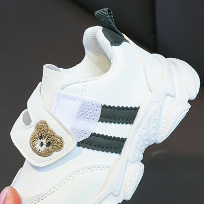 Girls' White Sneakers - Cute Cartoon Bear Design, Casual Low-Top Style with Hook-and-Loop Fastener, Comfortable Microfiber Synthetic Upper, All-Season Wear for Youngsters, Everyday Youngsters's Shoes | Playful Youngsters Snea