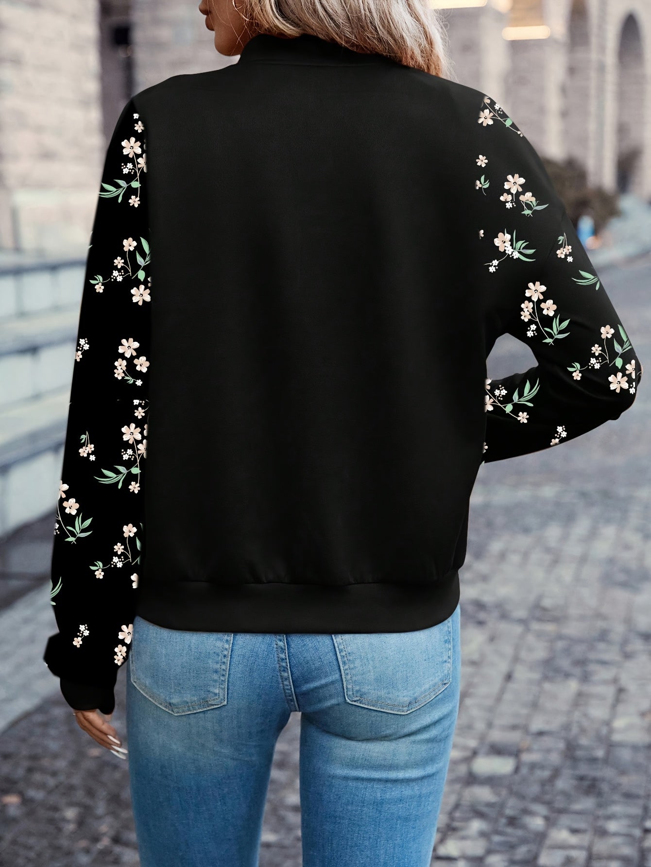 Women's Elegant Black Floral Print Full-Zip Jacket with Puffed Sleeve & Stand Collar - Full-Length Coat for Fall, Office, Shopping, Casual Outfits - Machine Washable Structured Outerwear with Full-Length Zipper Closure & Ruff