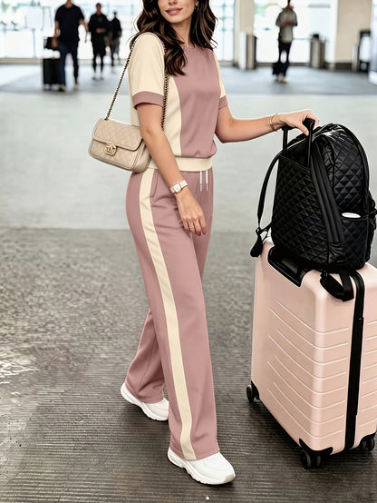 Women’s Casual Color Block Crew Neck Top & High-Waist Pants Set