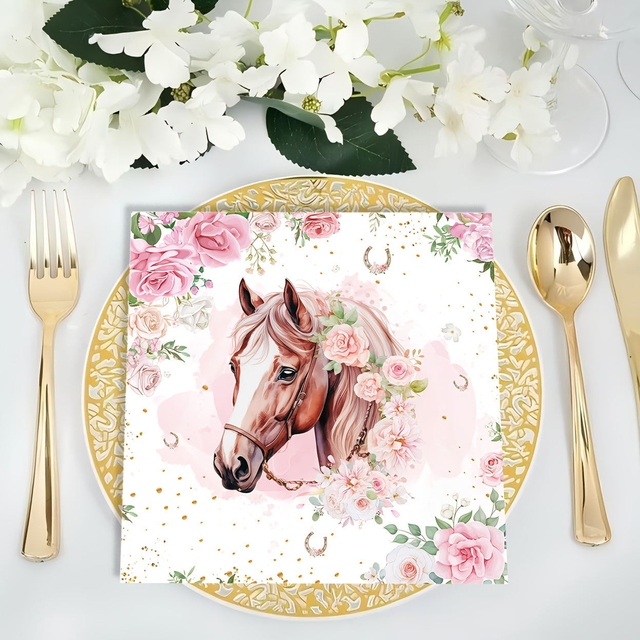 20-Pack Floral Horse Party Napkins - Elegant Pink Roses & Golden Glitter Design, 2-Ply Decorative Paper Tableware for Birthdays, Celebrations, and Festive Occasions, Birthday Party Decorations for Christmas,Newyear,Valentine,