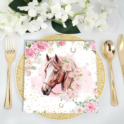 20-Pack Floral Horse Party Napkins - Elegant Pink Roses & Golden Glitter Design, 2-Ply Decorative Paper Tableware for Birthdays, Celebrations, and Festive Occasions, Birthday Party Decorations for Christmas,Newyear,Valentine,