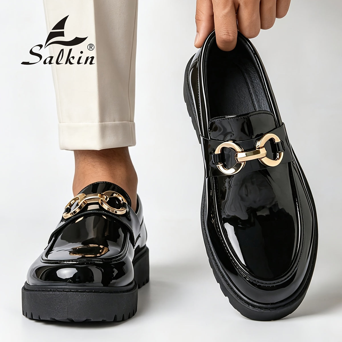 Men's British Style Slip-On Loafers with Metal Buckle, Rubber Sole
