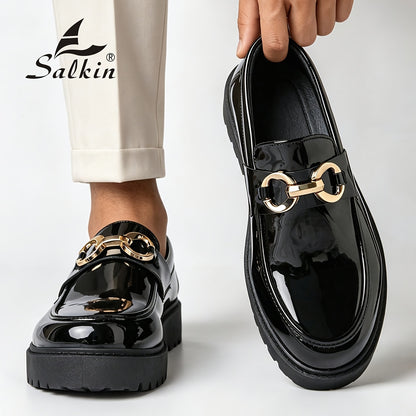 Men's British Style Slip-On Loafers with Metal Buckle, Rubber Sole