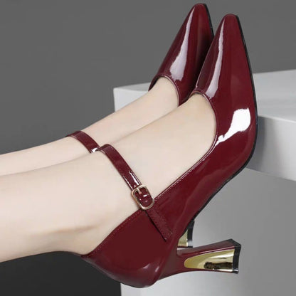 Women's Burgundy Synthetic Cover Mary Jane High Heels - Pointed Toe Chunky Block Heel with Adjustable Ankle Strap  Golden Buckle, Glossy Finish for Spring, Casual  Formal Events, Casual Chic Shoes   Pointed Toe Heels   Dura