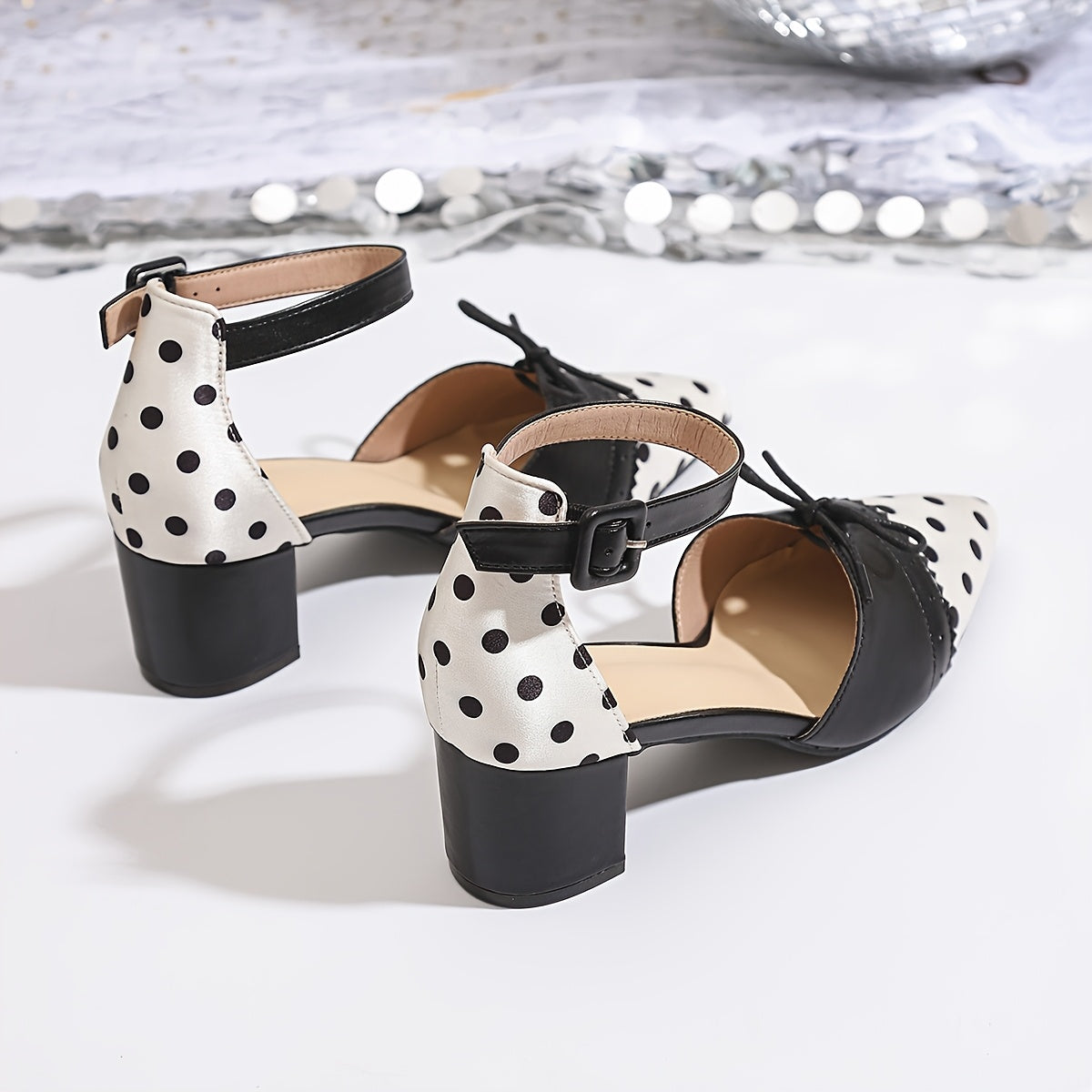 Women'S Sexy Polka Dot Mary Jane Pumps with Bow Detail - Pointed Toe, Block Heel, Ankle Strap, Summer Fashion Show Shoes, Hollow Design, Synthetic Cover  Rubber Sole, Summer Fashion Shoes   Polka Dot Pattern   Rubber Sole Fo