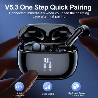 Wireless Earbuds with Touch Control, Built-in Noise Reduction Mic, Type-C Charging Case, 15Hr Playtime, 2Hr Quick Charge, USB Charging, 380mAh Battery, with LED Power Display, for Sports, Adult, Compatible with Cellphones