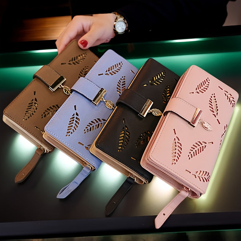 Perfect Christmas Gift for Her: Elegant Women's Long Wallet with Hollow Leaf Pattern & Gold Metal Pendant, Detachable ID Window, Zipper Coin Purse, Multiple Card Slots - Stylish PU  Clutch in Khaki, Blue, Black, Brown, Pink