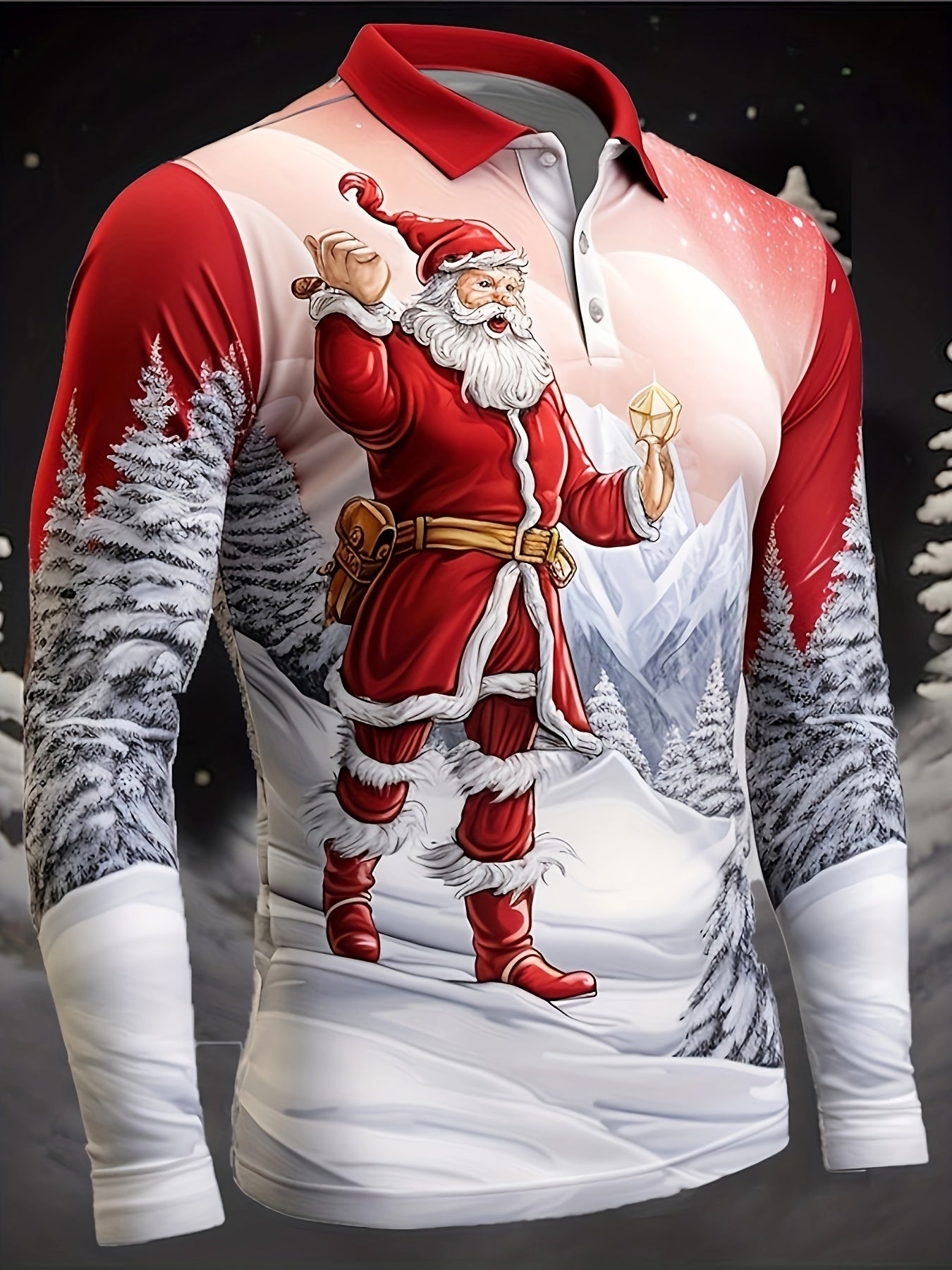Men's Christmas Santa Claus 3D Digital Print Shirt with Metal Zipper Collar - Machine Washable Long-Sleeve Top, Festive Holiday Sweater for Parties, Daily Wear & Gifts for men