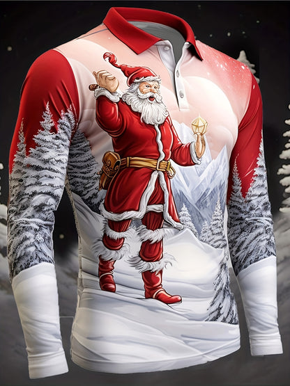 Men's Christmas Santa Claus 3D Digital Print Shirt with Metal Zipper Collar - Machine Washable Long-Sleeve Top, Festive Holiday Sweater for Parties, Daily Wear & Gifts for men