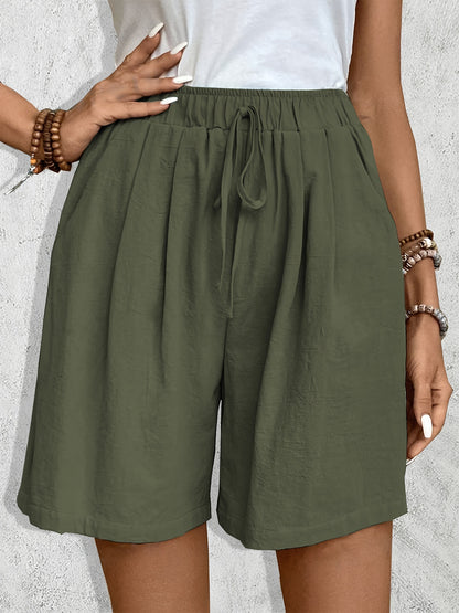 Women'S Casual Blend Shorts, Solid Color, Regular Fit, Non-Stretch Woven Fabric, with Faux Drawstring Detail, for Spring/Summer/Fall - Daily & Vacation Style