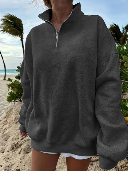 Women's Casual Heather Gray Half-Zip Sweatshirt - Soft Polyester & Elastane Blend, Long Sleeve, Stand Collar, Machine Washable - Perfect for Spring/Fall