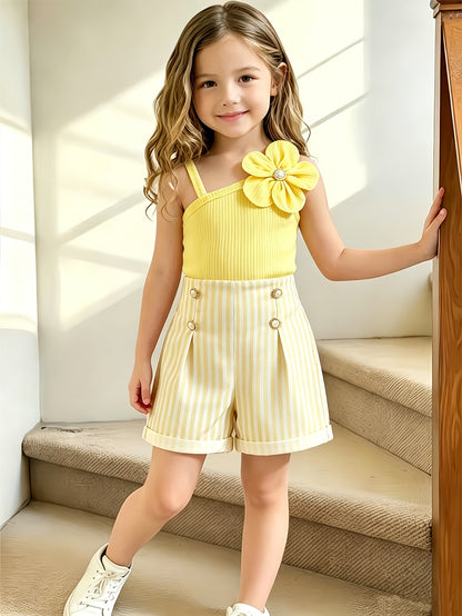 Girls Summer 2-Piece Off-Shoulder Top & Striped Shorts Set