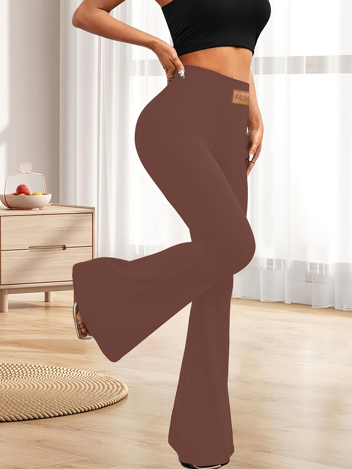 High-Waisted Flared Leggings for Women - Stretchy Black Polyester Pants with Tummy Control, Slimming Fit, and Breathable Design for Spring/Summer/Fall Casual Wear, Spring Summer Leggings | Fitted Leggings | Elastic Waistband