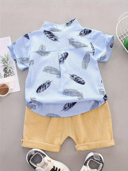 Baby Boys Cotton Feather Print Short Sleeve Shirt & Shorts Set