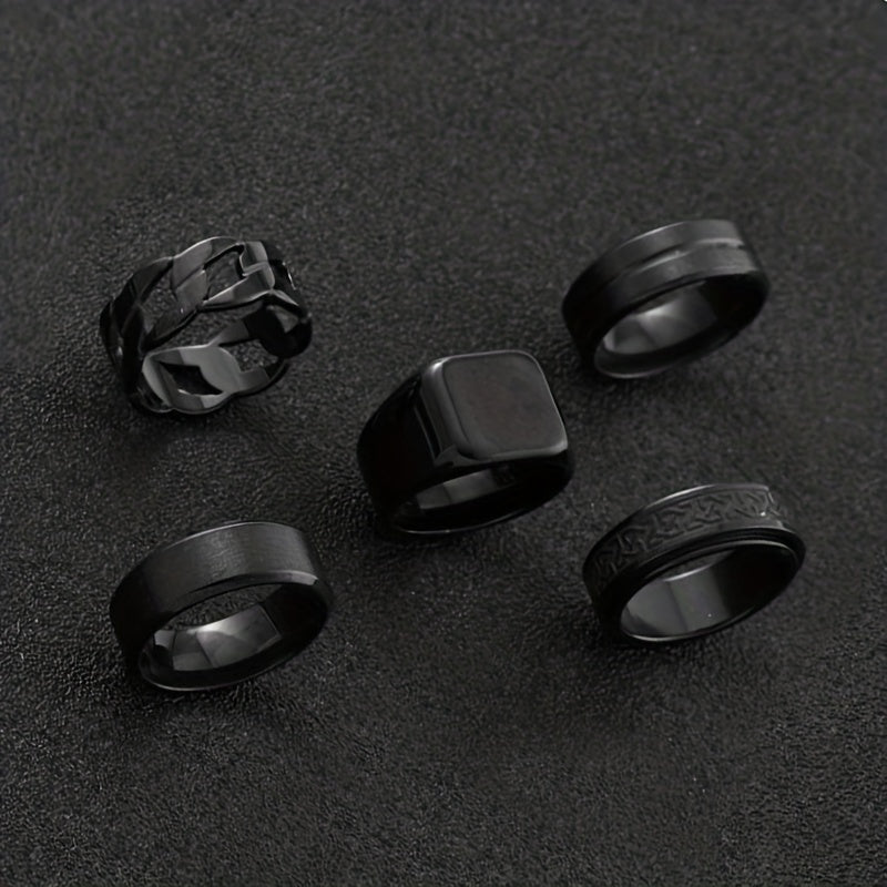 5 ոճային չժանգոտվող պողպատե մատանիների հավաքածու՝ պտտվող սև երկրաչափական նախշերով, պարզ խոռոչավոր մատանիներ, որոնք կատարյալ են տղամարդկանց հարսանեկան կամ ժամադրությունների աքսեսուարների համար։