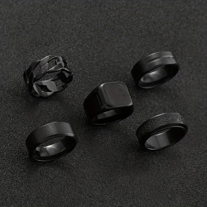 5 ոճային չժանգոտվող պողպատե մատանիների հավաքածու՝ պտտվող սև երկրաչափական նախշերով, պարզ խոռոչավոր մատանիներ, որոնք կատարյալ են տղամարդկանց հարսանեկան կամ ժամադրությունների աքսեսուարների համար։