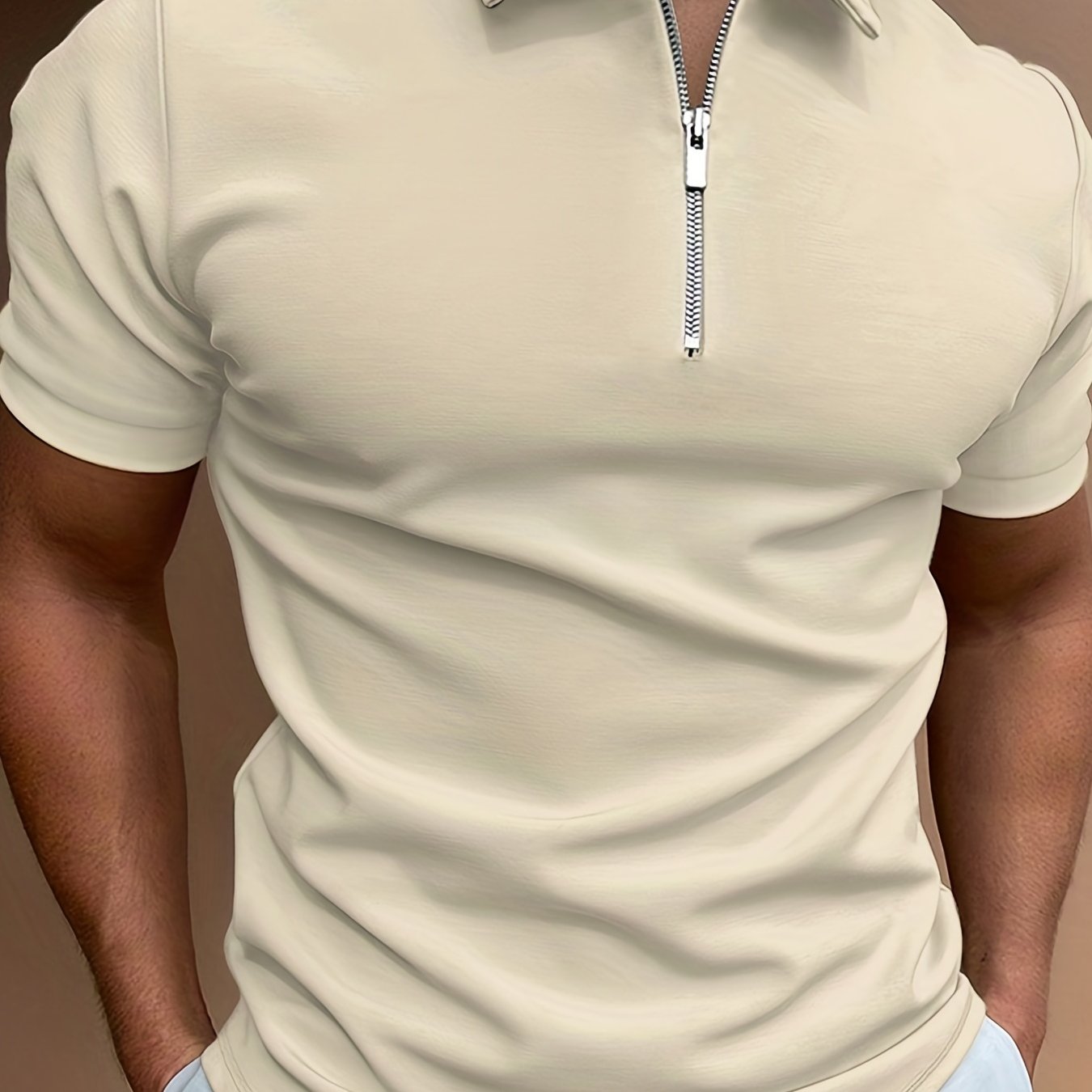[Golf Apparel] Men's Classic White Shirt - Casual Summer Style with Short Sleeves, Zipper Collar, and Stretch Polyester Fabric - Perfect for Streetwear & Golf
