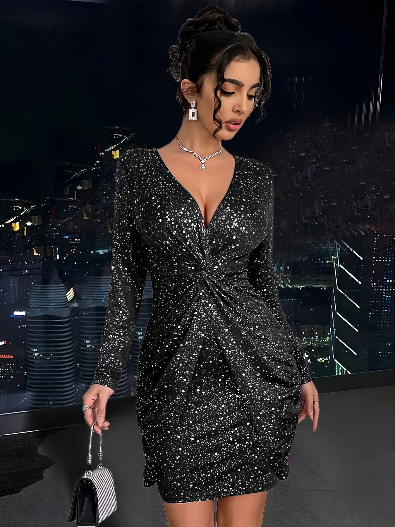 Women'S Elegant V-Neck Long Sleeve Dress with Twist Detail - Sparkling Party & Formal Dress, Stretchy Fitted Fabric, Flattering Bodycon Silhouette for Evening Events, Office, Wedding - Spring/Fall/Summer Fashion, Cute Dresses