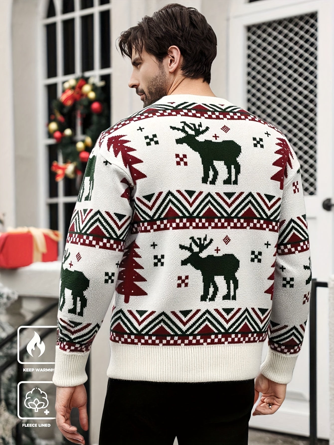 Men'S Winter Sweater - Christmas Deer & Snowflake Sweater with Red & Green Holiday Colors, Loose Fit Casual Knitwear, Drop Shoulder Long Sleeve Pullover, Soft Warm Winter Sweater for Christmas, Knit, Sweater For Men, Men Clot