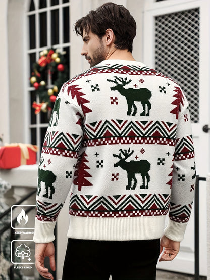 Men'S Winter Sweater - Christmas Deer & Snowflake Sweater with Red & Green Holiday Colors, Loose Fit Casual Knitwear, Drop Shoulder Long Sleeve Pullover, Soft Warm Winter Sweater for Christmas, Knit, Sweater For Men, Men Clot