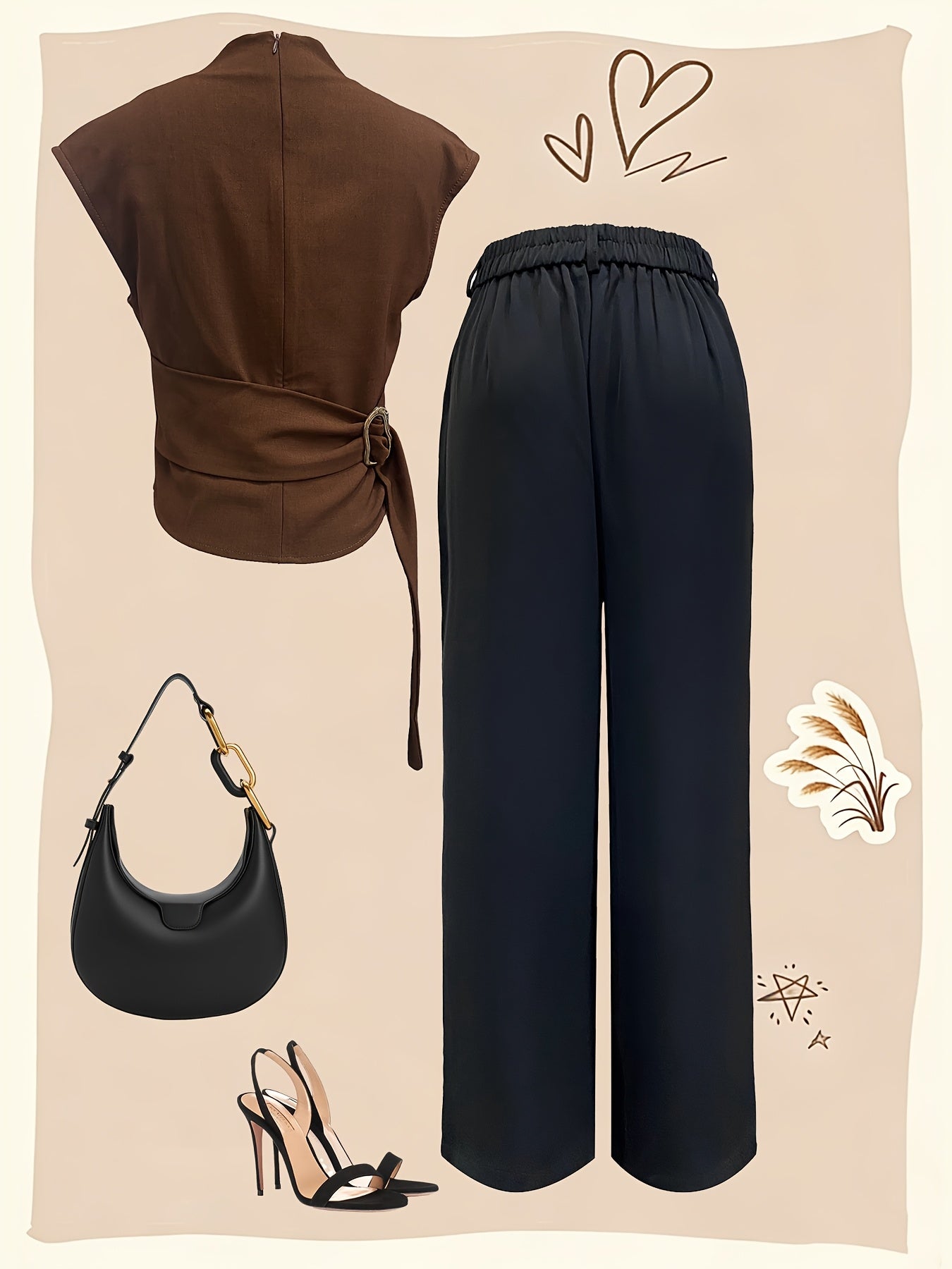 A Women'S Outfit Consisting of a Top And Straight-Leg Pants, Featuring a Half-High Collar, Short Sleeves, a Fitted Waist with a Wavy Buckle, Paired with a Tailored Narrow-Leg Wide Pant That Creates a Effect And an Elegant Dra - ayq