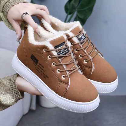 Կանացի ձմեռային ձնագնացքներ - Կաշվեանման օձիքով և փափուկ ներդիրով - Չսահող PVC ներբան, հաստ տաք շագանակագույն/բեժ արհեստական վերնամաս - ս/ Համատեղելի է սառույցի, ձյան, ցեխի համար - Ցուրտ եղանակի ճանապարհային կցում