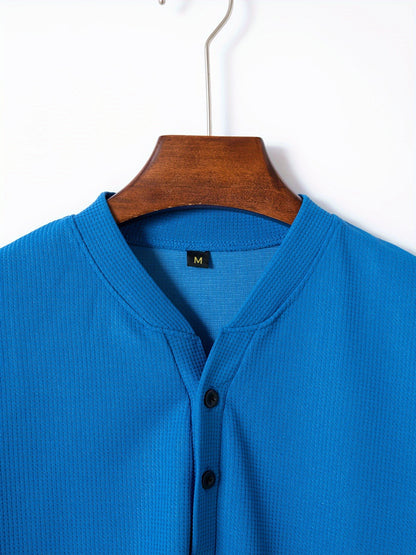 Men's Solid Waffle Stand Collar Short Sleeve Golf Shirts, Casual Style Slight Stretch Regular Fit Summer Tops, Summer Golf Shirts