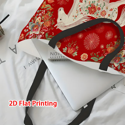 1pc Women's Year of the Horse 2026 Lunar New Year Tote Bag - Large Capacity Foldable Red & Golden Chinese Zodiac Horse Print, Durable Handbag for Shopping, Travel, Daily Use, Gift for 2026 Birth Year Celebration, 2D Flat