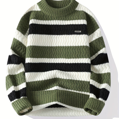 Տղամարդու հաստ տաք սվիտեր - երկար թևքերով, կլոր վզով, ուղղահայաց շերտերով, կանաչ գույնով / - հարմարավետ աշուն/ձմեռ սվիտեր ամենօրյա և պաշտոնական հանդերձանքի համար, տրիկոտաժ, ձմեռային հագուստ, դասական տրիկոտաժ, կողավոր հյուսվածք, ամենօրյա հագուստ, ոճավորում