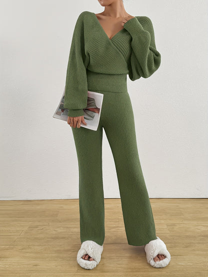 Կանացի աշնանային ձմեռային սվիտեր, V-աձև դեկոլտեով, անթև, պուլովեր և լայն տաբատ, էլեգանտ երկու մասից բաղկացած հավաքածու