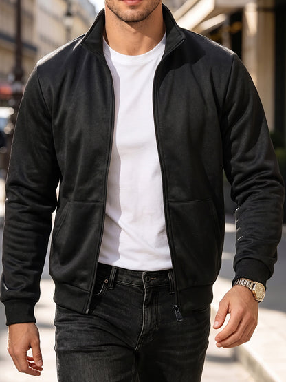 Men's Stand Collar Knit Fleece Jacket, Soft & Windproof for Spring/Fal
