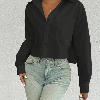 Elegant Women'S Solid Color Short Blouse with Front Pocket, 100% Polyester Woven Shirt, Versatile All-Season Top with Collared Neckline and Button-Up Closure