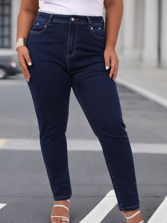 Plus Size Casual Jeans, Women's Plus Solid Button Fly Բարձրաճճի բարձր ձգվող ջինսեր