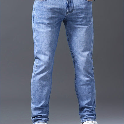 Men's Slim Fit Jeans, 62% Cotton 35% Polyester 3% Spandex Blend, Solid Color Washed Denim, All-Season Regular Length Pants