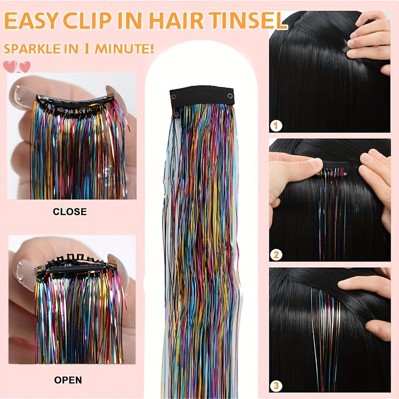 60.96cm Glitter Hair Tinsel Extensions Clips - Heat-Resistant Shiny Fairy Hair Accessories for Women, Vibrant Multicolor Strands, Perfect for Christmas Gifts & All Ages, Festive Hairpiece, Festive Hairpiece | Vibrant Hairpiec
