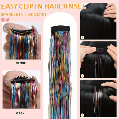 60.96cm Glitter Hair Tinsel Extensions Clips - Heat-Resistant Shiny Fairy Hair Accessories for Women, Vibrant Multicolor Strands, Perfect for Christmas Gifts & All Ages, Festive Hairpiece, Festive Hairpiece | Vibrant Hairpiec