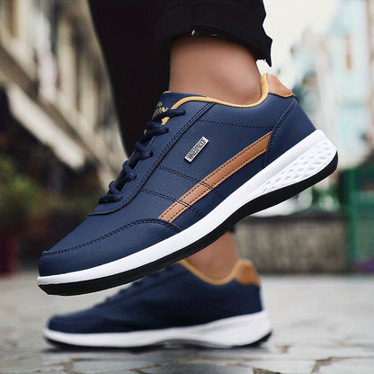 Casual Sneakers| VanWeir Men's Fashion Sneakers - Casual Lace-Up Shoes with PU Upper & MD Sole, Comfortable Fabric Insole, Versatile for All Seasons, Navy Blue with White & Orange Accents, VANWEIR