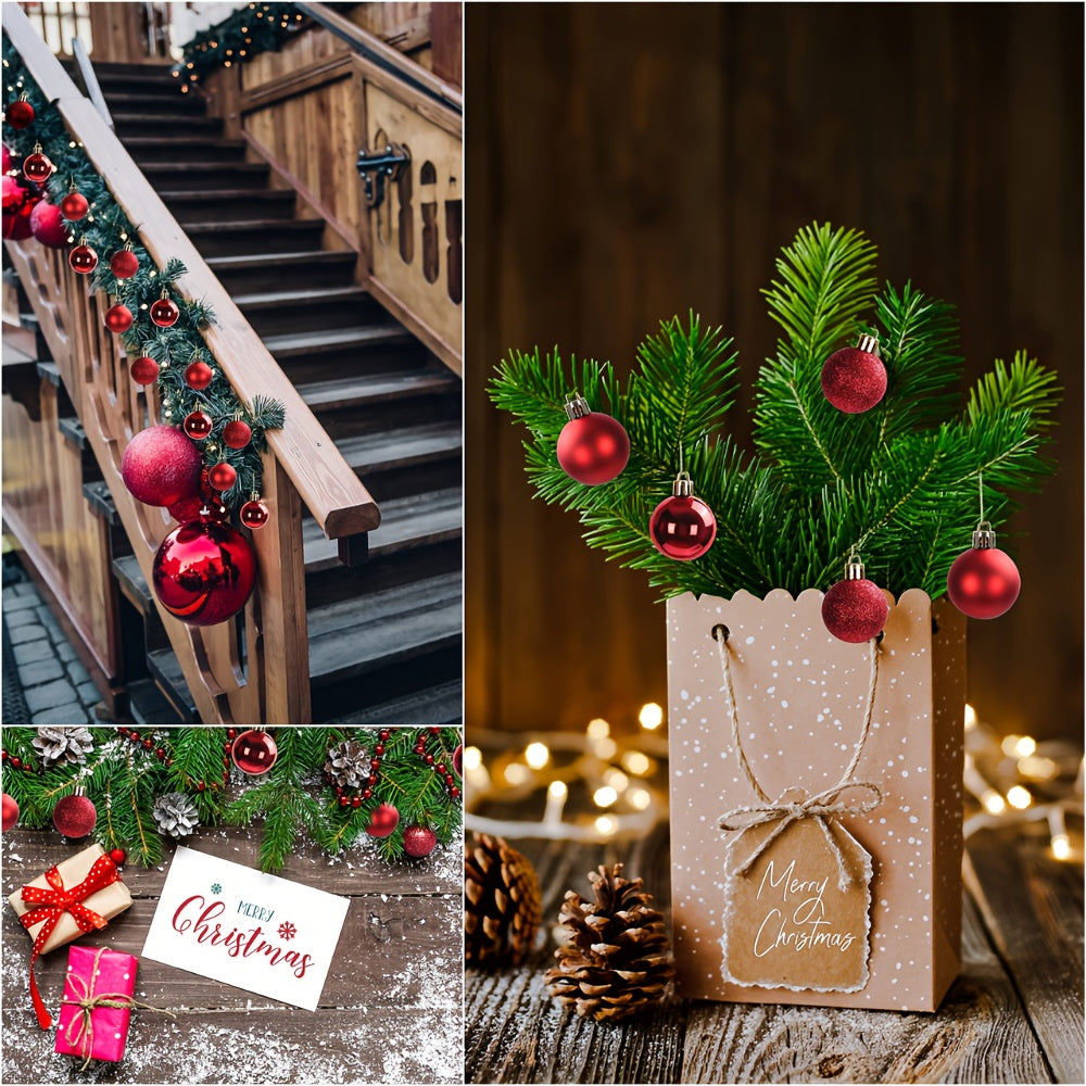 48 Red Christmas Tree Ornaments - 3cm Plastic Decorations, Includes 16 Glittery Miniature Trees with Strings for Christmas Tree Decoration and Holiday Décor,gift for new year,Valentine's Day