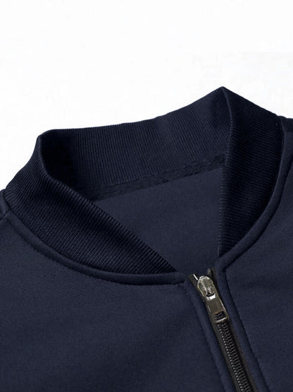 Men's Navy Blue Full-Zip Casual Jacket with Golden Happy New Year Print & Golden Glitter Lettering - Full-Zip Closure, Machine Washable, Regular Fit Winter Coat for Parties, Casual Attire & New Year's Eve Outfits - Stylish Ou