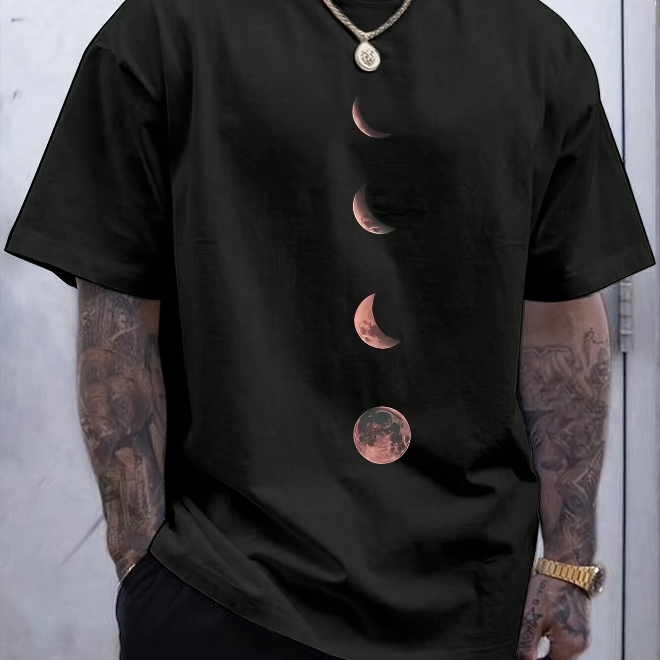 Men's Moon Print T-Shirt, Crew Neck, Summer Wear, Adult Knitted Fabric, Regular Fit