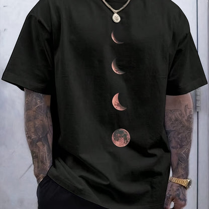 Men's Moon Print T-Shirt, Crew Neck, Summer Wear, Adult Knitted Fabric, Regular Fit