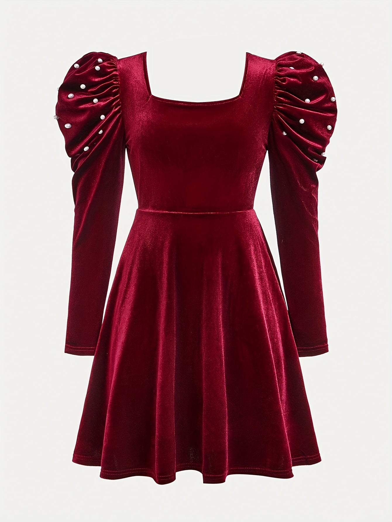 Girls' Burgundy Winter Dress with Puff Sleeves & Pearl Trim - Elegant Square Neck A-Line Party Dress, Zipper Closure for Weddings, Christmas, Prom - Hand Washable Non-Stretch Formal Attire (No Belt)