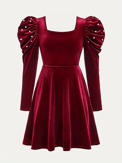 Girls' Burgundy Winter Dress with Puff Sleeves & Pearl Trim - Elegant Square Neck A-Line Party Dress, Zipper Closure for Weddings, Christmas, Prom - Hand Washable Non-Stretch Formal Attire (No Belt)