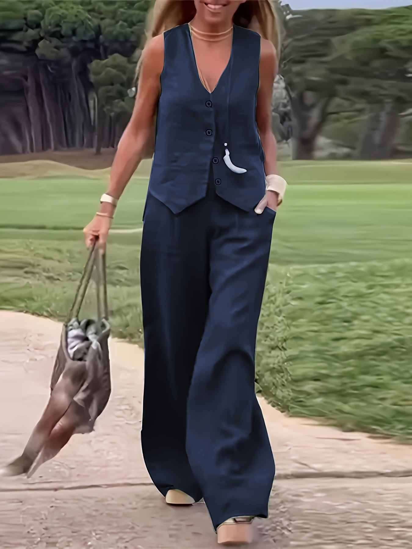Women’s Casual Sleeveless V-Neck Vest & Pants Set for Summer